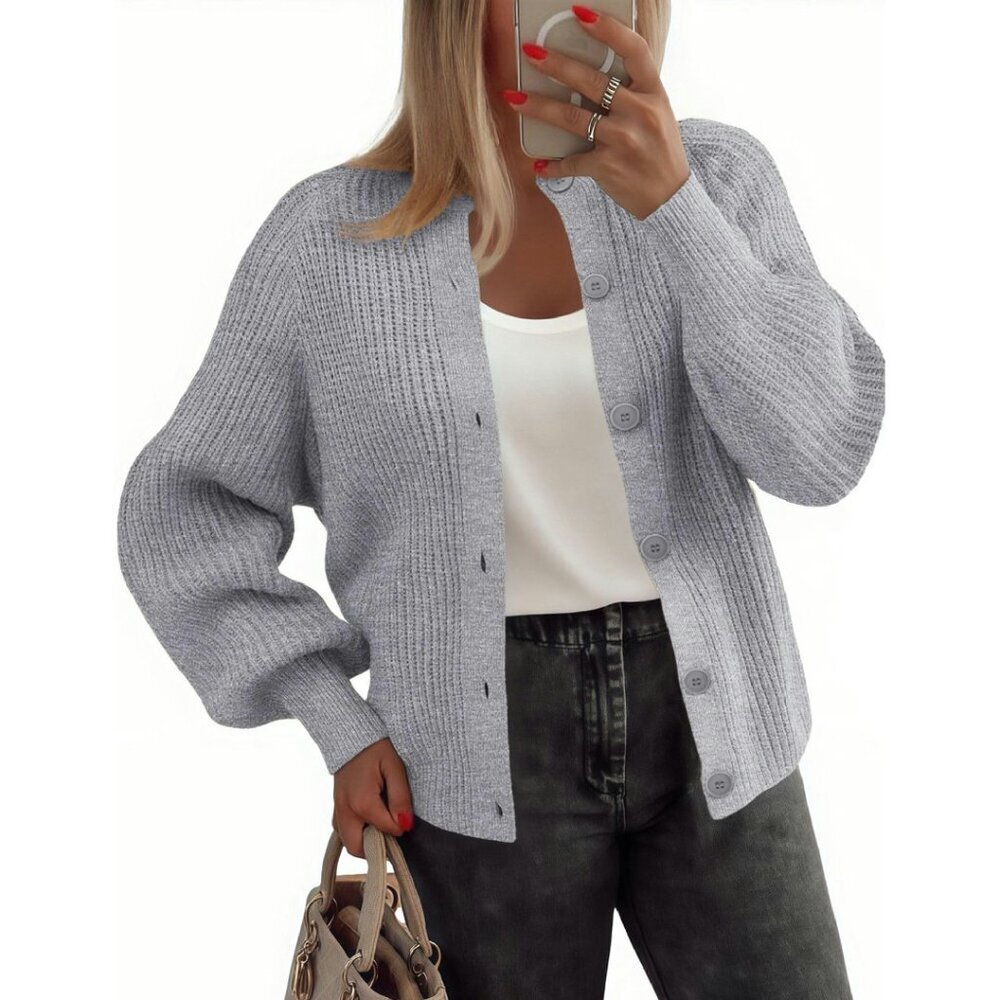 Chunky Knit Cardigan Long Sleeve Button Down Crew Neck Fall Sweater